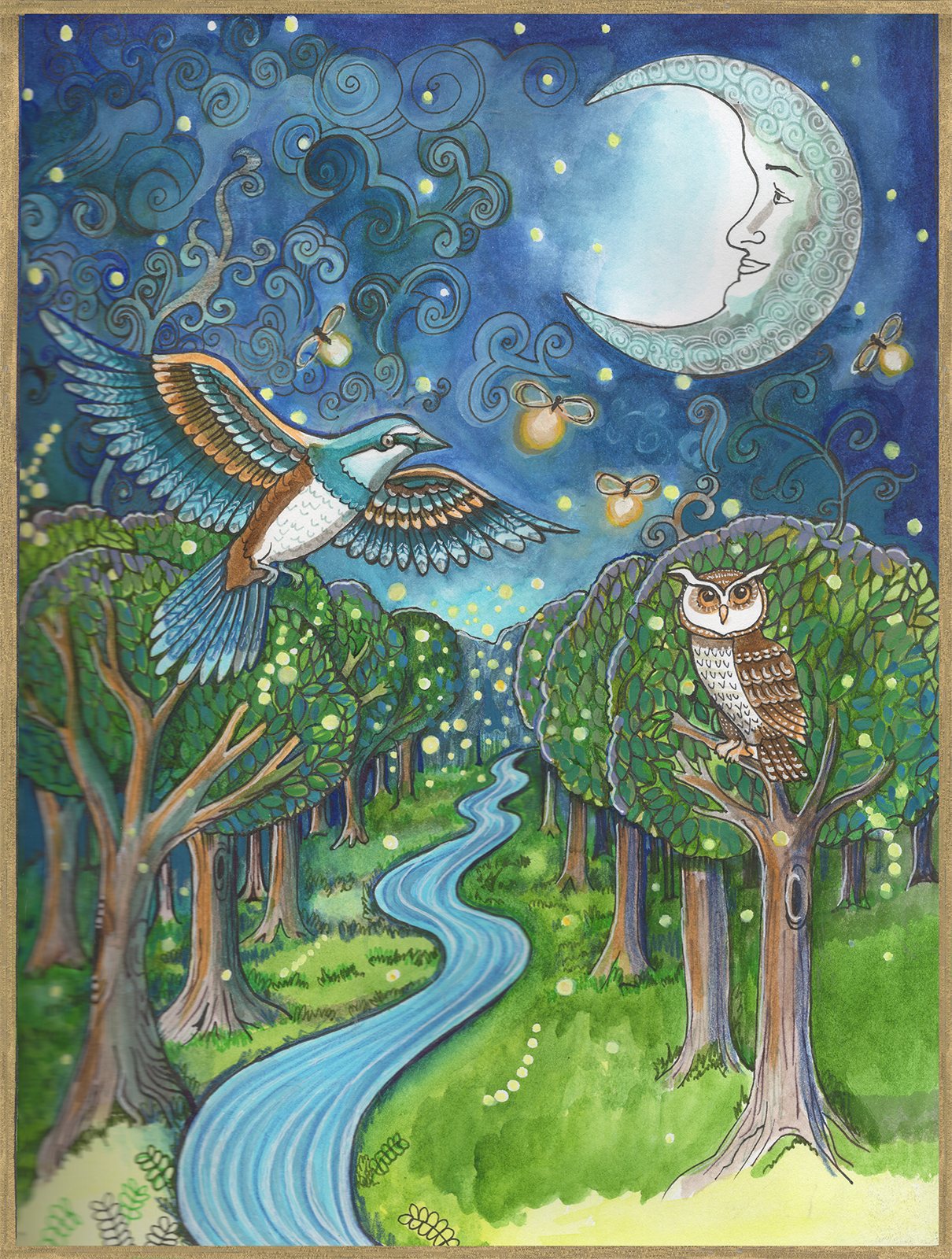 Artwork by Gina Mikel: Fireflies, Bird in Flight, Owl, Moon