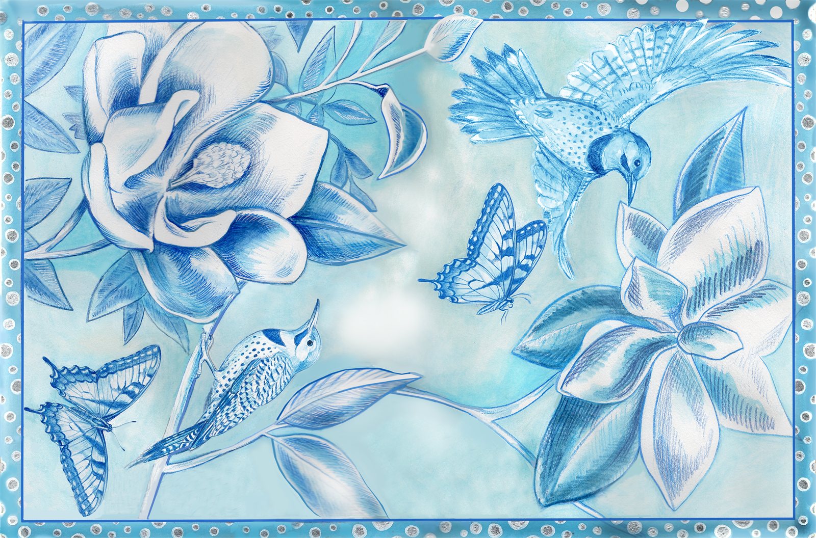 Artwork by Gina Mikel: Flicker, Magnolia, Tiger Swallowtail - BJ, Colaptes auratus; Papilio glaucus; Magnolia grandiflora