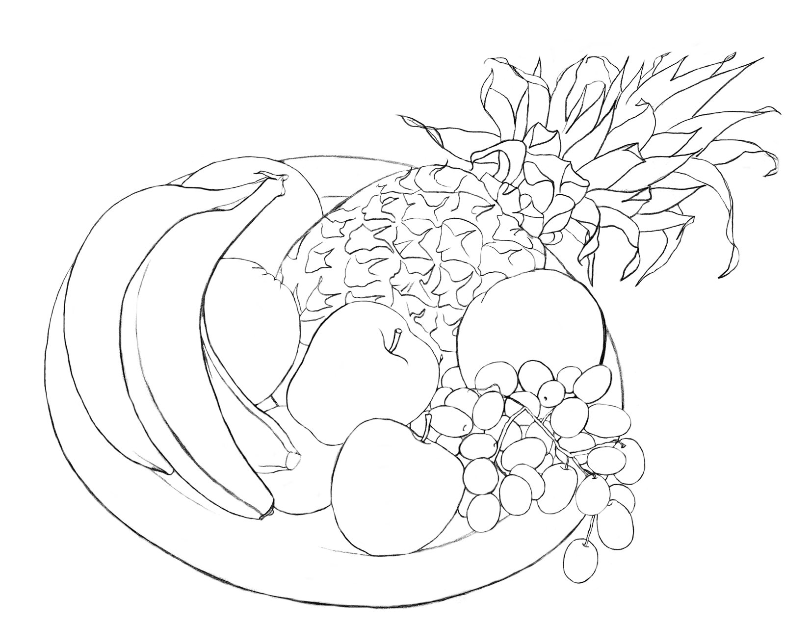 Artwork by Gina Mikel: Bowl of Fruit - Line Drawing, Malus domestica, Citrus sinensis, Musa, Vitis vinifera, Ananas comosus